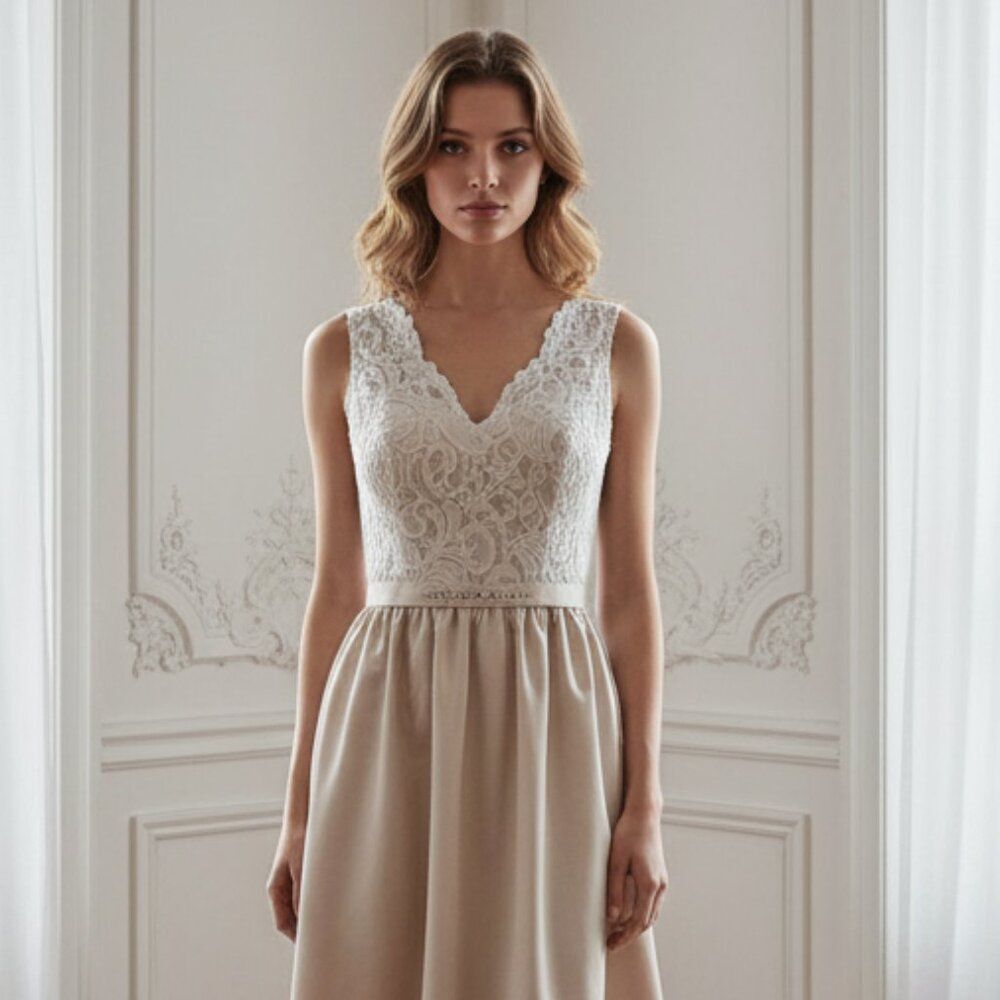 NWT After Six Lace & Satin Cocktail Dress | Cameo Blush | Size 8